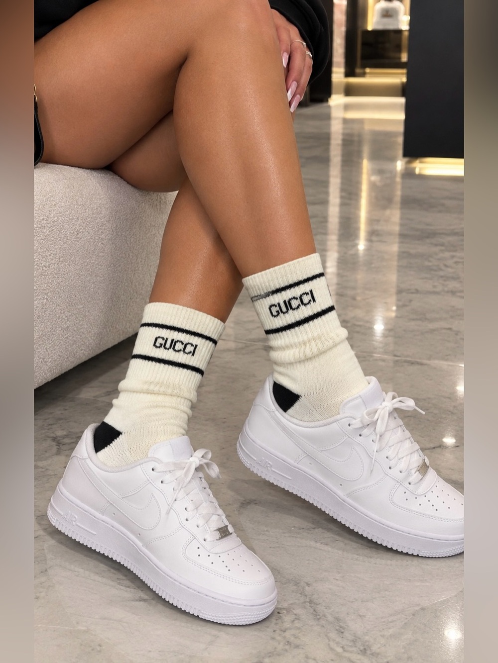 Gucci Cream and Black Logo Crew Socks
